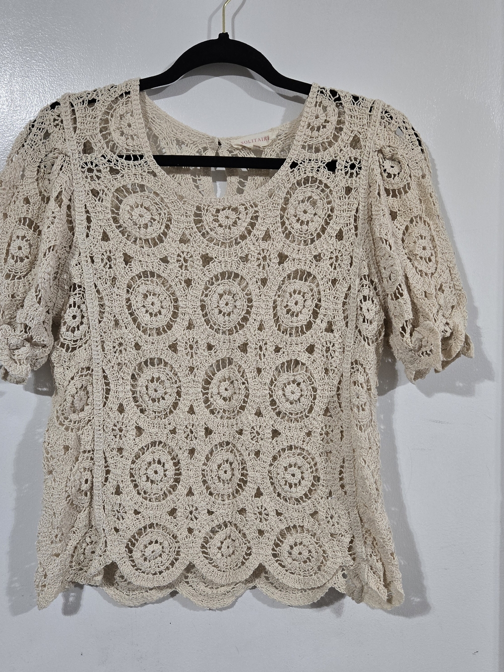Solitaire Crochet Lace Short Sleeve Blouse Cream Tan M